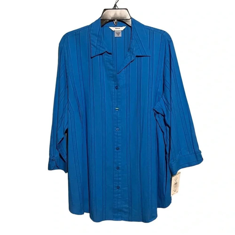 ALIA Women NWT Plus Sz 18W 3/4 Sleeve Button Front Collared Career Shirt Blue